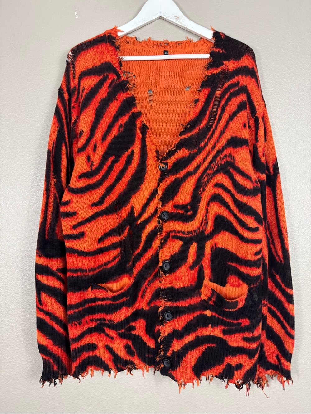 R13 Distressed Raw Edge Button Up Cardigan Sweater Tiger Stripe